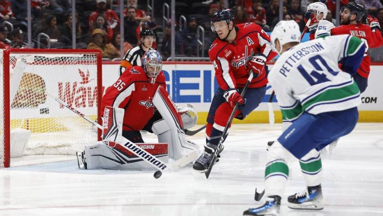 Feb 11, 2024; Washington, District of Columbia, USA; Washington Capitals goaltender Darcy Kuemper (35) makes a save on Vancouver Canucks center Elias Pettersson (40) in the second period at Capital One Arena. Mandatory Credit: Geoff Burke-USA TODAY Sports