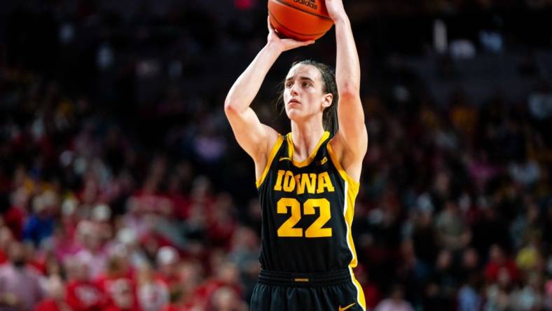 Iowa's Caitlin Clark takes a pair of free throws during a game against Nebraska Sunday, Feb. 11, 2024, at Pinnacle Bank Arena.