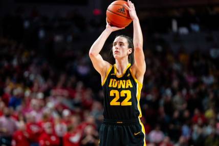 Iowa's Caitlin Clark takes a pair of free throws during a game against Nebraska Sunday, Feb. 11, 2024, at Pinnacle Bank Arena.