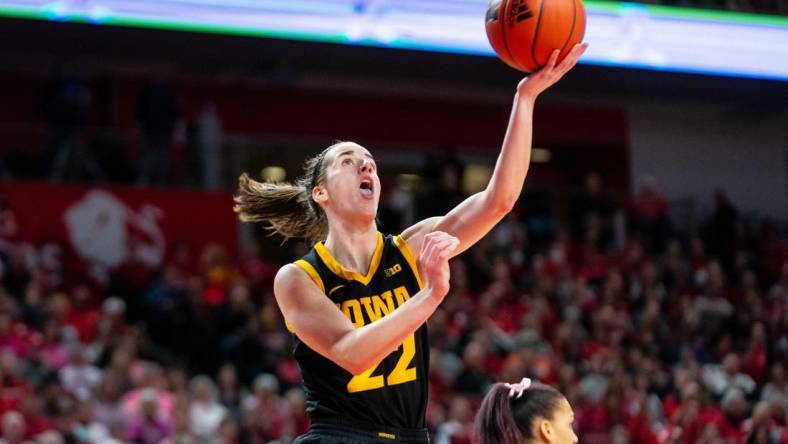 Iowa's Caitlin Clark takes a shot at the basket against Nebraska Sunday, Feb. 11, 2024, at Pinnacle Bank Arena.