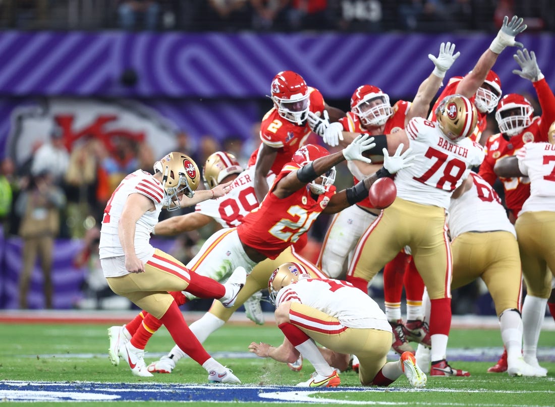 Feb 11, 2024; Paradise, Nevada, USA; San Francisco 49ers place kicker Jake Moody (4) kicks a field goal against the Kansas City Chiefs in the first half in Super Bowl LVIII at Allegiant Stadium. Mandatory Credit: Mark J. Rebilas-USA TODAY Sports