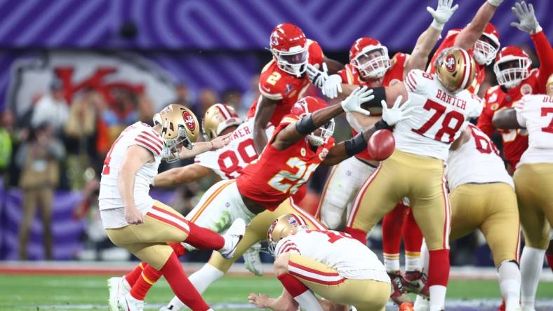 Feb 11, 2024; Paradise, Nevada, USA; San Francisco 49ers place kicker Jake Moody (4) kicks a field goal against the Kansas City Chiefs in the first half in Super Bowl LVIII at Allegiant Stadium. Mandatory Credit: Mark J. Rebilas-USA TODAY Sports