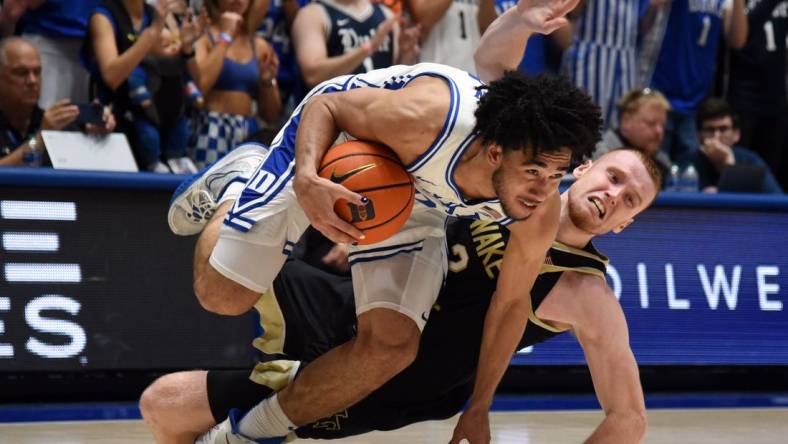 Feb 12, 2024; Durham, North Carolina, USA; Duke Blue Devils guard Jared McCain (0) is fouled as he drives against Wake Forest Deamon Deacons guard Cameron Hildreth (2) during the second half at Cameron Indoor Stadium. The Blue Devils won 77-69. Mandatory Credit: Rob Kinnan-USA TODAY Sports