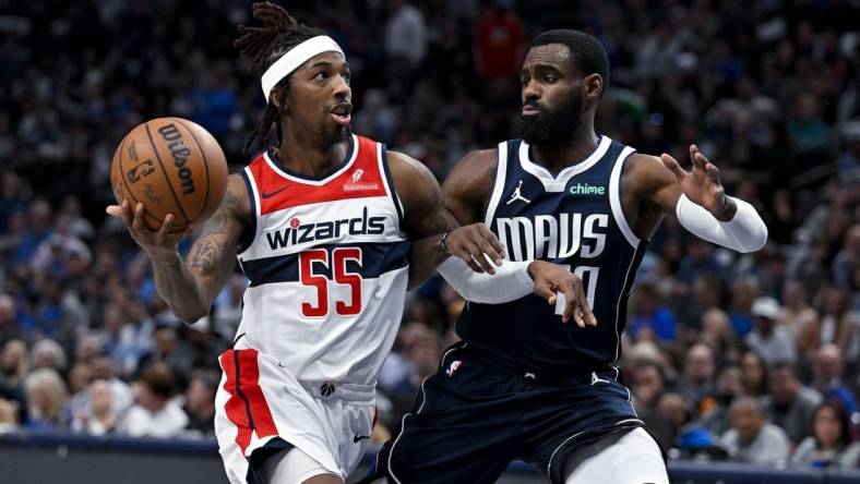 Feb 12, 2024; Dallas, Texas, USA; Washington Wizards guard Delon Wright (55) drives to the basket past Dallas Mavericks forward Tim Hardaway Jr. (10) during the second quarter at the American Airlines Center. Mandatory Credit: Jerome Miron-USA TODAY Sports