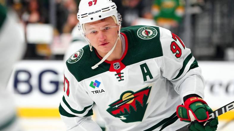 Feb 12, 2024; Las Vegas, Nevada, USA; Minnesota Wild left wing Kirill Kaprizov (97) warms up before a game against the Vegas Golden Knights at T-Mobile Arena. Mandatory Credit: Stephen R. Sylvanie-USA TODAY Sports