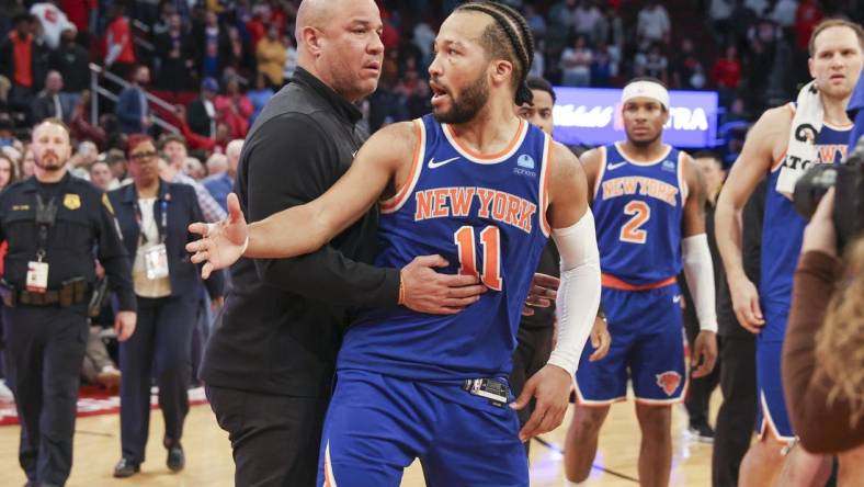 Feb 12, 2024; Houston, Texas, USA; New York Knicks guard Jalen Brunson (11) reacts after the end of the game against the Houston Rockets at Toyota Center. Mandatory Credit: Troy Taormina-USA TODAY Sports