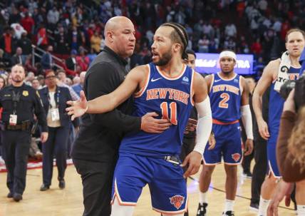 Feb 12, 2024; Houston, Texas, USA; New York Knicks guard Jalen Brunson (11) reacts after the end of the game against the Houston Rockets at Toyota Center. Mandatory Credit: Troy Taormina-USA TODAY Sports
