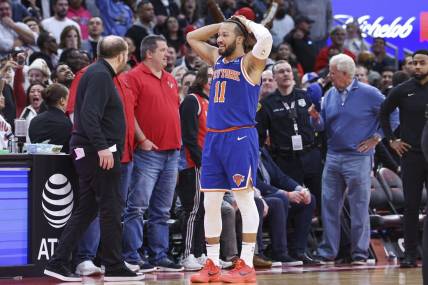 Feb 12, 2024; Houston, Texas, USA; New York Knicks guard Jalen Brunson (11) reacts after a call during the fourth quarter against the Houston Rockets at Toyota Center. Mandatory Credit: Troy Taormina-USA TODAY Sports
