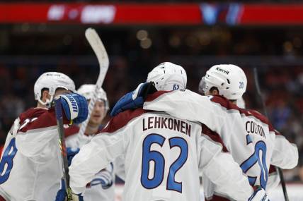 Feb 13, 2024; Washington, District of Columbia, USA; Colorado Avalanche left wing Artturi Lehkonen (62) celebrates with teammates after scoring a goal /W? in the second period at Capital One Arena. Mandatory Credit: Geoff Burke-USA TODAY Sports