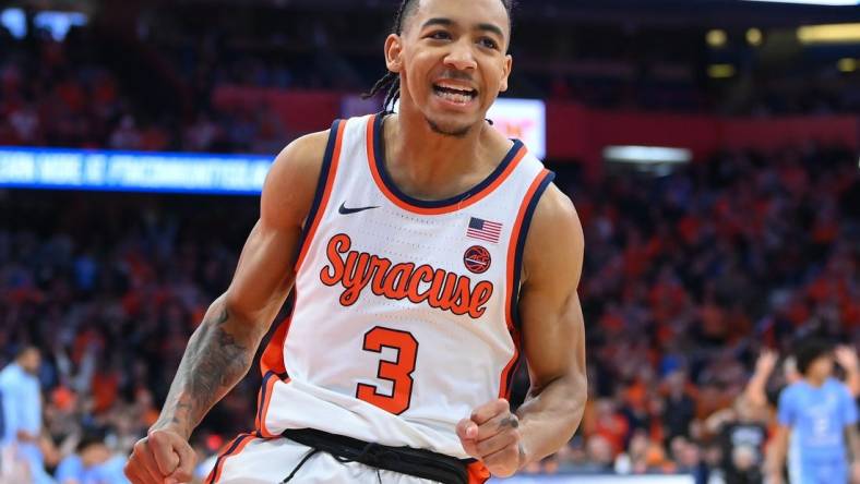 Feb 13, 2024; Syracuse, New York, USA; Syracuse Orange guard Judah Mintz (3) reacts to a play against the North Carolina Tar Heels during the second half at the JMA Wireless Dome. Mandatory Credit: Rich Barnes-USA TODAY Sports