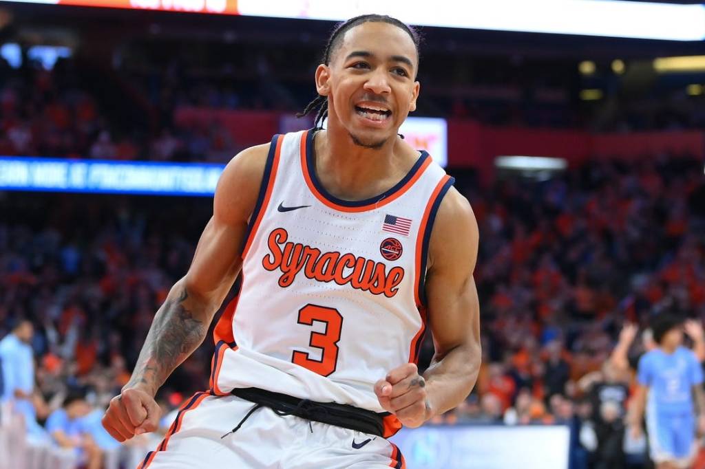 Feb 13, 2024; Syracuse, New York, USA; Syracuse Orange guard Judah Mintz (3) reacts to a play against the North Carolina Tar Heels during the second half at the JMA Wireless Dome. Mandatory Credit: Rich Barnes-USA TODAY Sports