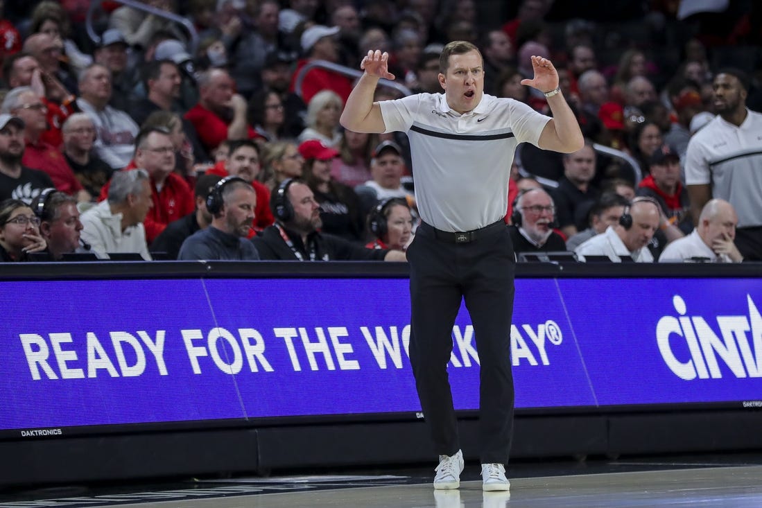 Feb 13, 2024; Cincinnati, Ohio, USA; Iowa State Cyclones head coach T.J. Otzelberger during the second half in the game against the Cincinnati Bearcats at Fifth Third Arena. Mandatory Credit: Katie Stratman-USA TODAY Sports