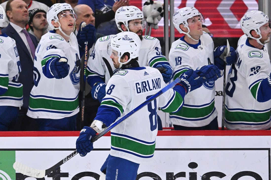 Feb 13, 2024; Chicago, Illinois, USA;  Vancouver Canucks forward Conor Garland (8) celebrates with the bench after scoring a goal in the first period against the Chicago Blackhawks at United Center. Mandatory Credit: Jamie Sabau-USA TODAY Sports