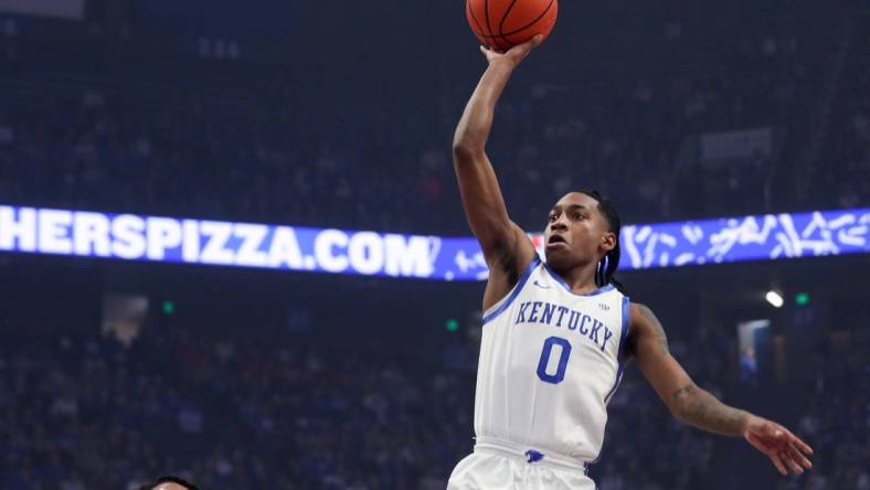 Kentucky   s Rob Dillingham makes the bucket against Ole Miss Tuesday night in Rupp Arena.
Feb. 13, 2024