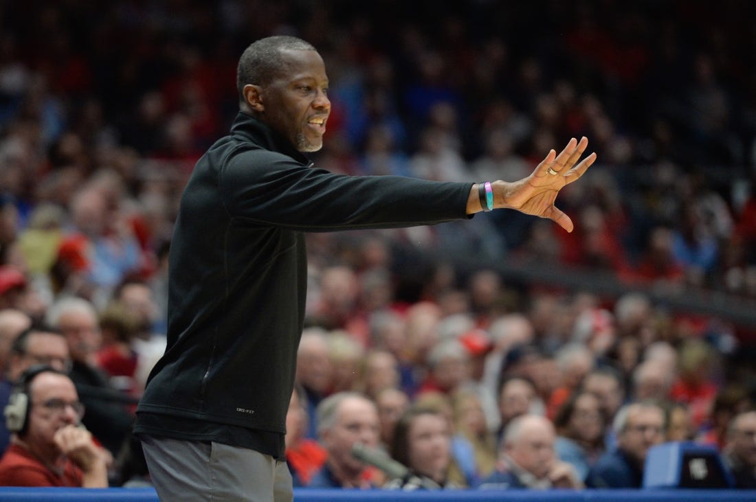 Feb 13, 2024; Dayton, Ohio, USA;  Dayton Flyers head coach Anthony Grant motions to the team during the game against Duquesne at University of Dayton Arena. Mandatory Credit: Matt Lunsford-USA TODAY Sports