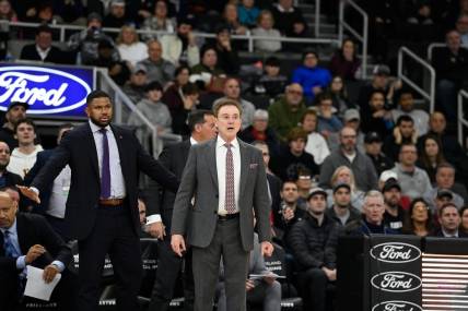 Feb 13, 2024; Providence, Rhode Island, USA; St. John's Red Storm head coach Rick Pitino  reacts to game action during the second half against the Providence Friars at Amica Mutual Pavilion. Mandatory Credit: Eric Canha-USA TODAY Sports