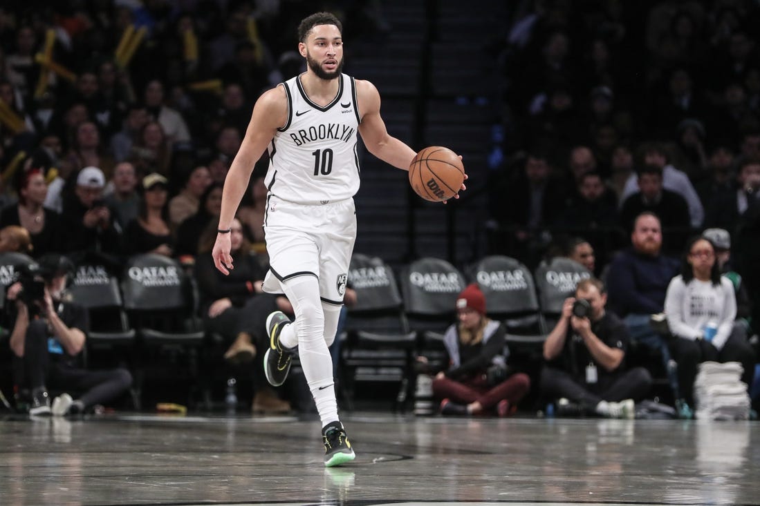 Feb 13, 2024; Brooklyn, New York, USA;  Brooklyn Nets guard Ben Simmons (10) brings the ball up court in the third quarter against the Boston Celtics at Barclays Center. Mandatory Credit: Wendell Cruz-USA TODAY Sports