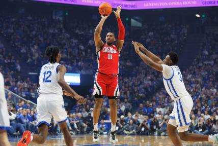 Feb 13, 2024; Lexington, Kentucky, USA; Ole Miss Rebels guard Matthew Murrell (11) makes a three point basket during the first half against the Kentucky Wildcats at Rupp Arena at Central Bank Center. Mandatory Credit: Jordan Prather-USA TODAY Sports
