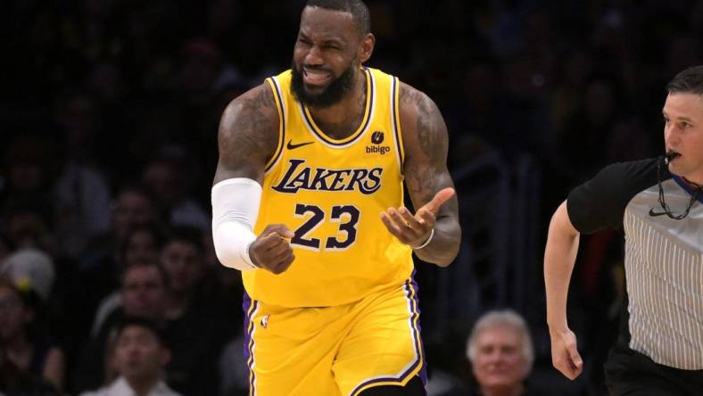 Feb 13, 2024; Los Angeles, California, USA;  Los Angeles Lakers forward LeBron James (23) reacts after not getting a foul call in the second half against the Detroit Pistons at Crypto.com Arena. Mandatory Credit: Jayne Kamin-Oncea-USA TODAY Sports