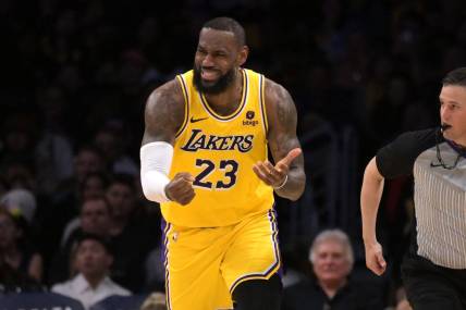 Feb 13, 2024; Los Angeles, California, USA;  Los Angeles Lakers forward LeBron James (23) reacts after not getting a foul call in the second half against the Detroit Pistons at Crypto.com Arena. Mandatory Credit: Jayne Kamin-Oncea-USA TODAY Sports