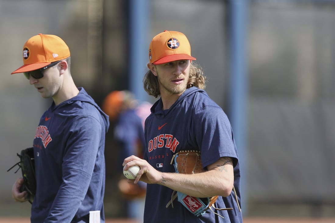 Feb 14, 2024; West Palm Beach, FL, USA; Houston Astros relief pitcher Josh Hader (71) looks on during spring training practice at CACTI Park of the Palm Beaches. Mandatory Credit: Sam Navarro-USA TODAY Sports