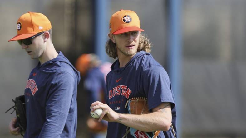 Feb 14, 2024; West Palm Beach, FL, USA; Houston Astros relief pitcher Josh Hader (71) looks on during spring training practice at CACTI Park of the Palm Beaches. Mandatory Credit: Sam Navarro-USA TODAY Sports