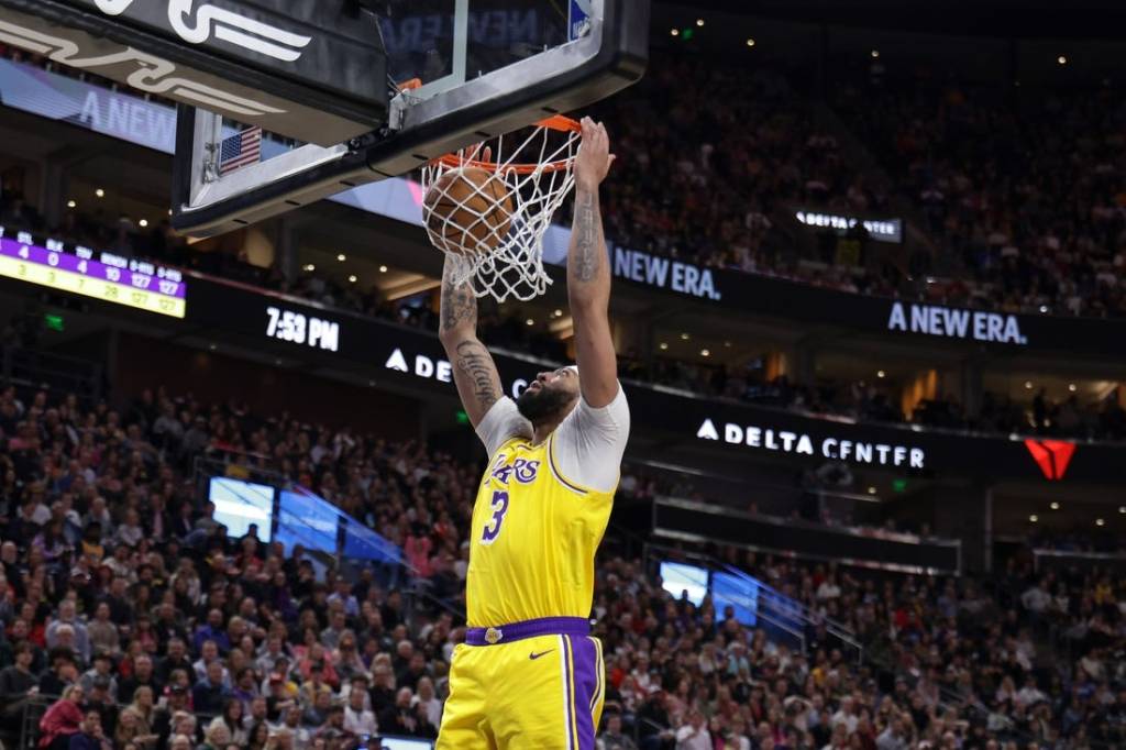 Feb 14, 2024; Salt Lake City, Utah, USA;  Utah Jazz guard Keyonte George (3) dunks the ball during the second quarter against the Utah Jazz at Delta Center. Mandatory Credit: Chris Nicoll-USA TODAY Sports