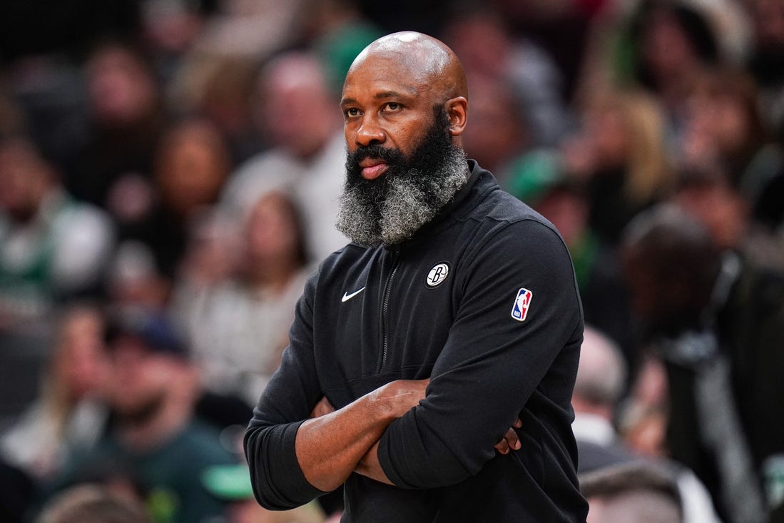 Feb 14, 2024; Boston, Massachusetts, USA; Brooklyn Nets head coach Jacque Vaughn watches from the sideline at they take on the Boston Celtics at TD Garden. Mandatory Credit: David Butler II-USA TODAY Sports