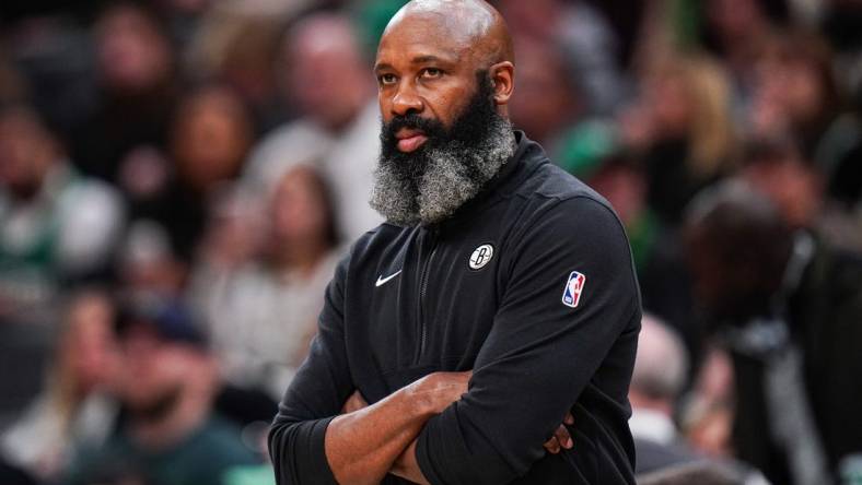 Feb 14, 2024; Boston, Massachusetts, USA; Brooklyn Nets head coach Jacque Vaughn watches from the sideline at they take on the Boston Celtics at TD Garden. Mandatory Credit: David Butler II-USA TODAY Sports