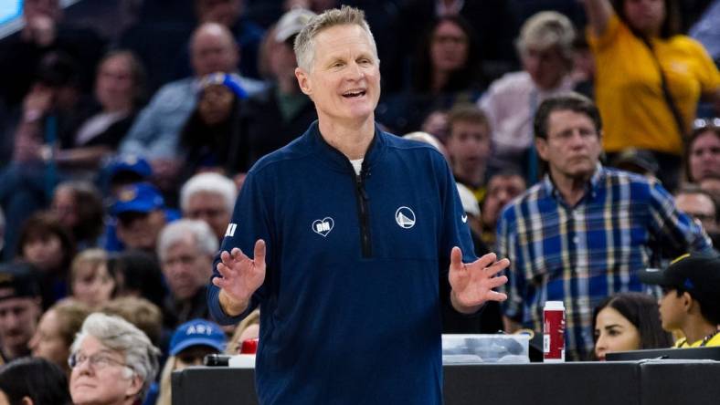 Feb 14, 2024; San Francisco, California, USA; Golden State Warriors head coach Steve Kerr reacts during the second half of the game against the LA Clippers at Chase Center. Mandatory Credit: John Hefti-USA TODAY Sports