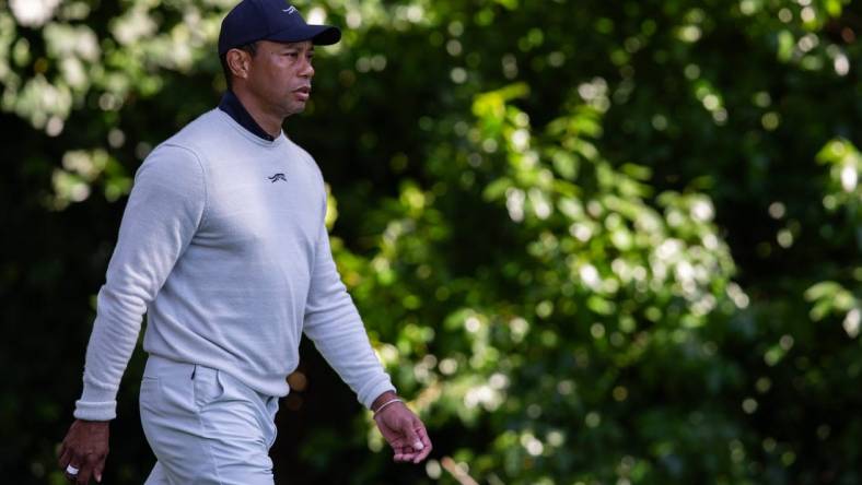 Feb 15, 2024; Pacific Palisades, California, USA; Tiger Woods on the 12th hole during the first round of The Genesis Invitational golf tournament. Mandatory Credit: Jason Parkhurst-USA TODAY Sports