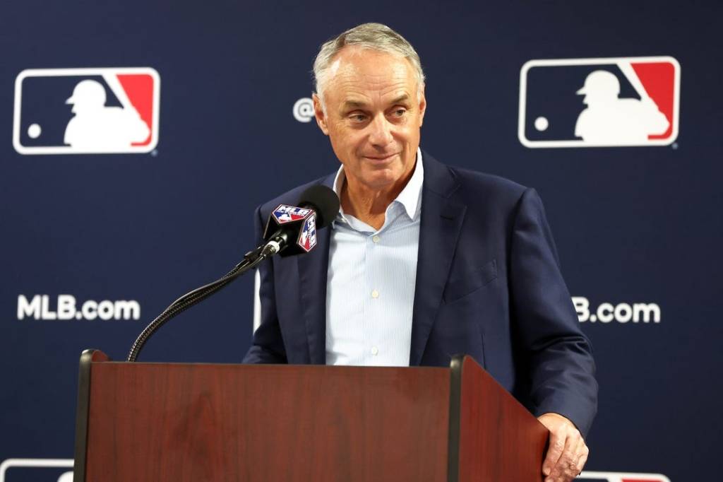 Feb 15, 2024; Tampa, FL, USA; MLB commissioner Rob Manfred talks with media at George M. Steinbrenner Field. Mandatory Credit: Kim Klement Neitzel-USA TODAY Sports