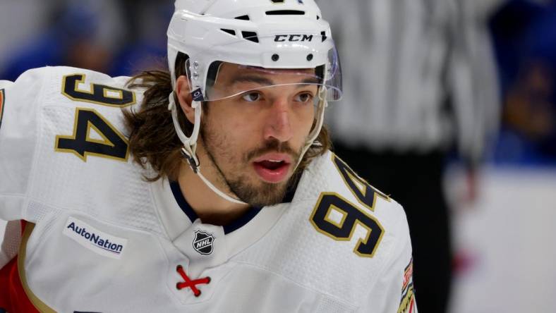 Feb 15, 2024; Buffalo, New York, USA;  Florida Panthers left wing Ryan Lomberg (94) waits for the face-off during the first period against the Buffalo Sabres at KeyBank Center. Mandatory Credit: Timothy T. Ludwig-USA TODAY Sports