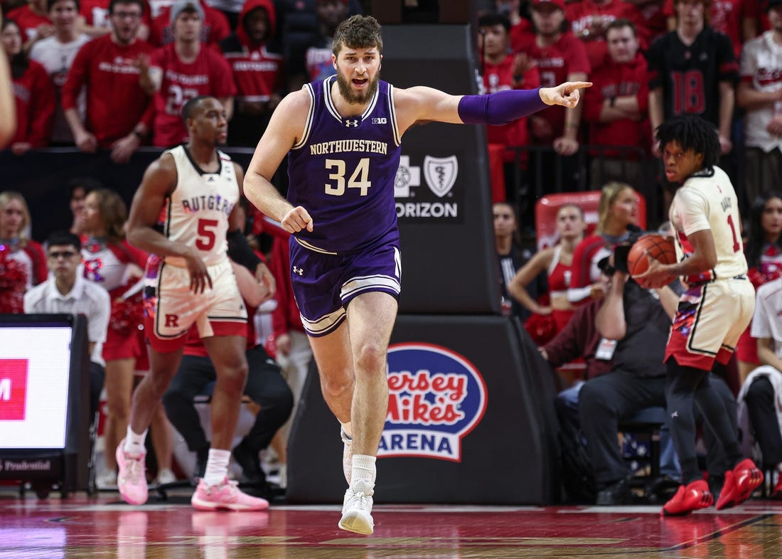Feb 15, 2024; Piscataway, New Jersey, USA; Northwestern Wildcats center Matthew Nicholson (34) reacts after making a basket against the Rutgers Scarlet Knights during the second half at Jersey Mike's Arena. Mandatory Credit: Vincent Carchietta-USA TODAY Sports