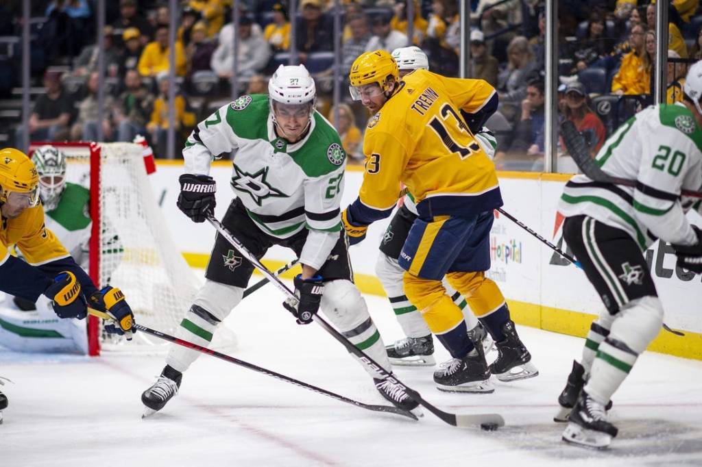 Feb 15, 2024; Nashville, Tennessee, USA; Dallas Stars left wing Mason Marchment (27) skates with the puck  against the Nashville Predators during the first period at Bridgestone Arena. Mandatory Credit: Steve Roberts-USA TODAY Sports