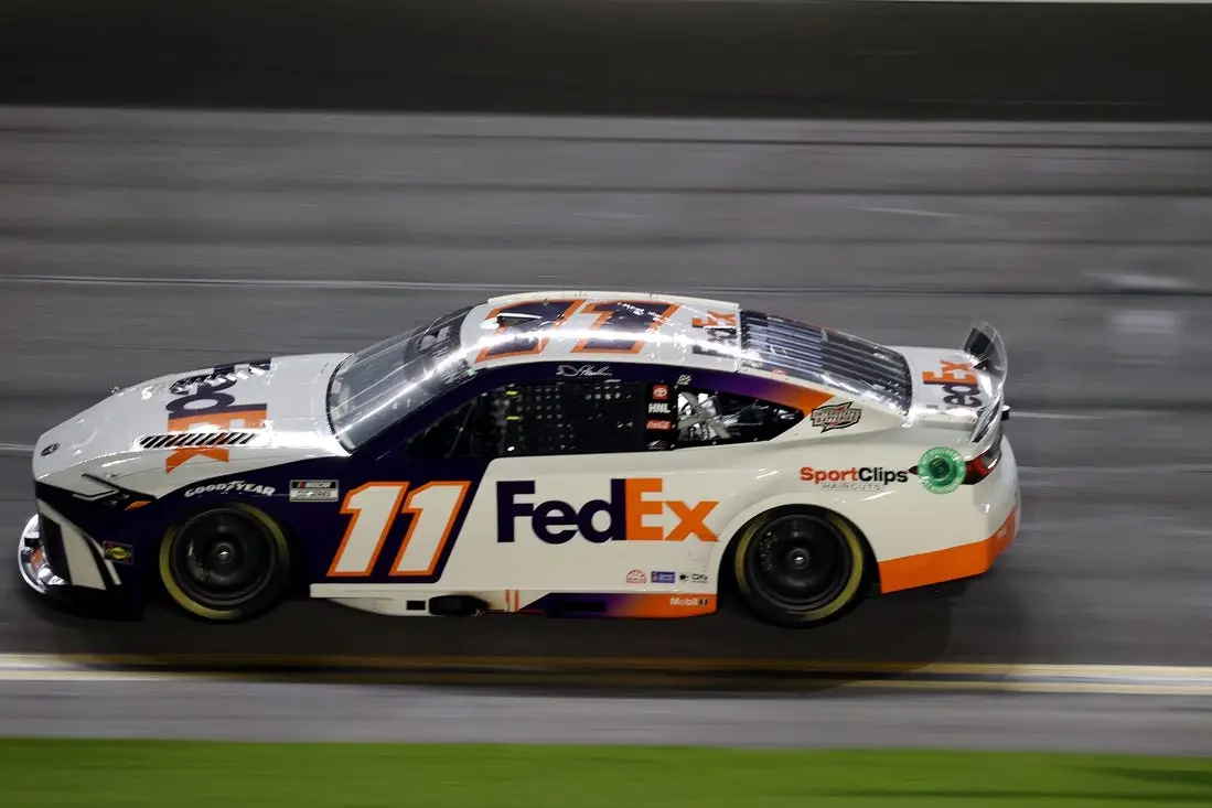 Feb 15, 2024; Daytona Beach, Florida, USA; NASCAR Cup Series driver Denny Hamlin (11) during the Bluegreen Vacations Duel 2 at Daytona International Speedway. Mandatory Credit: Peter Casey-USA TODAY Sports