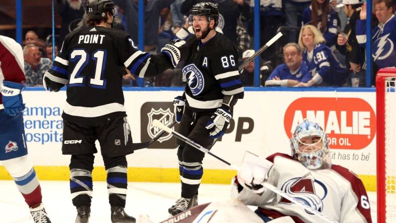 Feb 15, 2024; Tampa, Florida, USA; Tampa Bay Lightning right wing Nikita Kucherov (86) celebrates with Tampa Bay Lightning center Brayden Point (21) after he scored a goal on Colorado Avalanche goaltender Justus Annunen (60) during the third period at Amalie Arena. Mandatory Credit: Kim Klement Neitzel-USA TODAY Sports