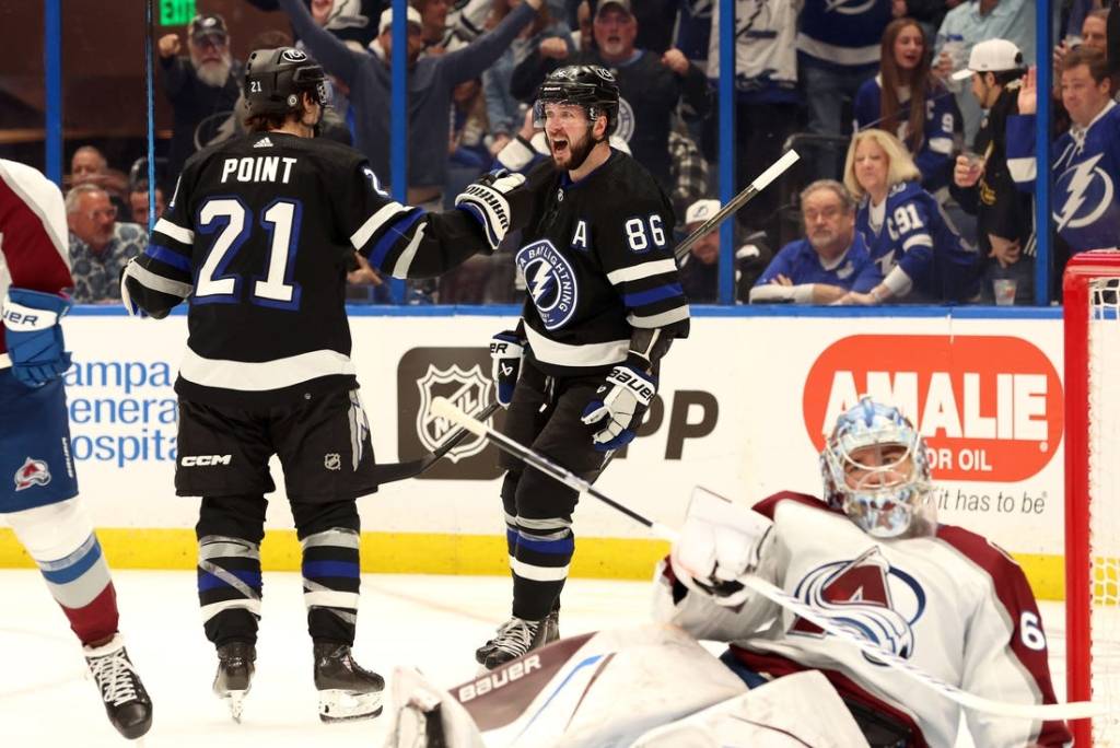 Feb 15, 2024; Tampa, Florida, USA; Tampa Bay Lightning right wing Nikita Kucherov (86) celebrates with Tampa Bay Lightning center Brayden Point (21) after he scored a goal on Colorado Avalanche goaltender Justus Annunen (60) during the third period at Amalie Arena. Mandatory Credit: Kim Klement Neitzel-USA TODAY Sports