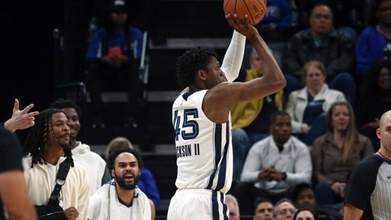 Feb 15, 2024; Memphis, Tennessee, USA; Memphis Grizzlies forward GG Jackson (45) shoots for three during the second half against the Milwaukee Bucks at FedExForum. Mandatory Credit: Petre Thomas-USA TODAY Sports