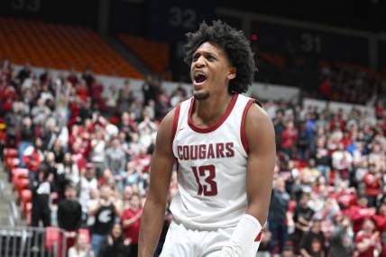 Feb 15, 2024; Pullman, Washington, USA; Washington State Cougars forward Isaac Jones (13) celebrates a basket and foul during a game against the California Golden Bears in the second half at Friel Court at Beasley Coliseum. Washington State Cougars won 84-65. Mandatory Credit: James Snook-USA TODAY Sports