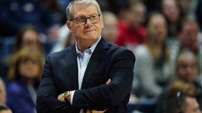 Feb 16, 2024; Storrs, Connecticut, USA; UConn Huskies head coach Geno Auriemma watches from the sideline as they take on the Georgetown Hoyas at Harry A. Gampel Pavilion. Mandatory Credit: David Butler II-USA TODAY Sports