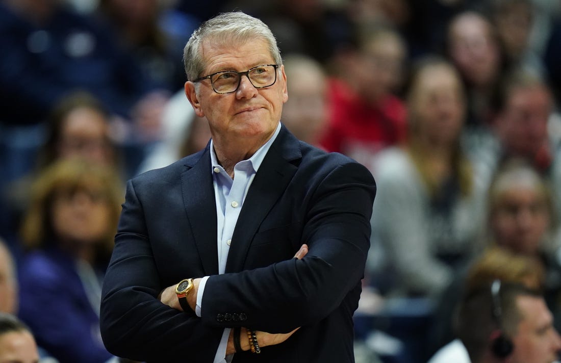 Feb 16, 2024; Storrs, Connecticut, USA; UConn Huskies head coach Geno Auriemma watches from the sideline as they take on the Georgetown Hoyas at Harry A. Gampel Pavilion. Mandatory Credit: David Butler II-USA TODAY Sports