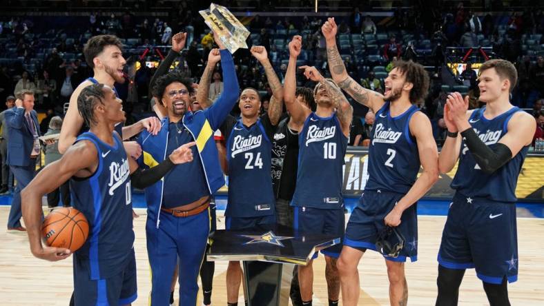 Feb 16, 2024; Indianapolis, Indiana, USA; Team Jalen celebrate after winning the Rising Stars final at Gainbridge Fieldhouse. Mandatory Credit: Kyle Terada-USA TODAY Sports