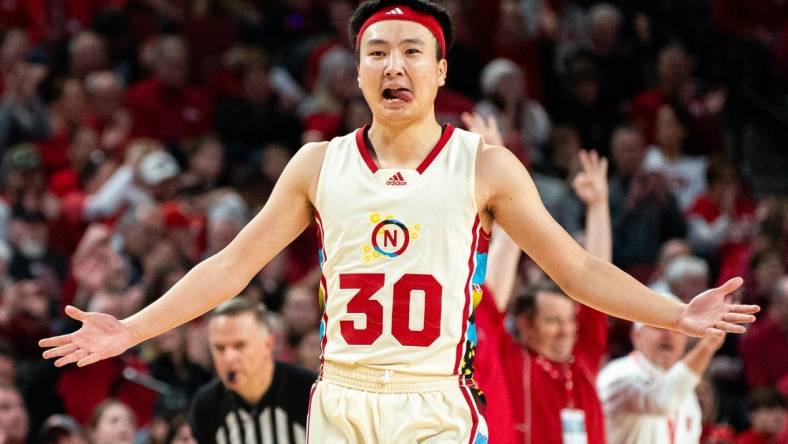 Feb 17, 2024; Lincoln, Nebraska, USA;  Nebraska Cornhuskers guard Keisei Tominaga (30) reacts during the first quarter at Pinnacle Bank Arena. Mandatory Credit: Dylan Widger-USA TODAY Sports