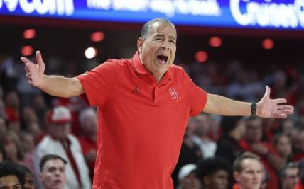 Feb 17, 2024; Houston, Texas, USA; Houston Cougars head coach Kelvin Sampson reacts during the first half against the Texas Longhorns at Fertitta Center. Mandatory Credit: Troy Taormina-USA TODAY Sports