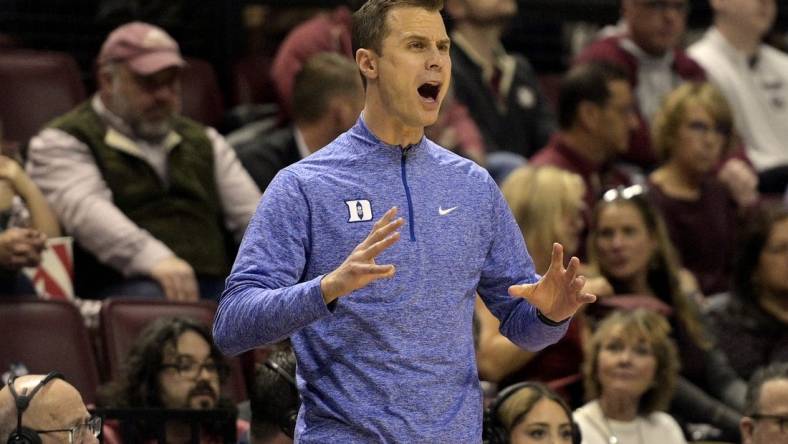 Feb 17, 2024; Tallahassee, Florida, USA; Duke Blue Devils head coach Jon Scheyer during the first half against the Florida State Seminoles at Donald L. Tucker Center. Mandatory Credit: Melina Myers-USA TODAY Sports