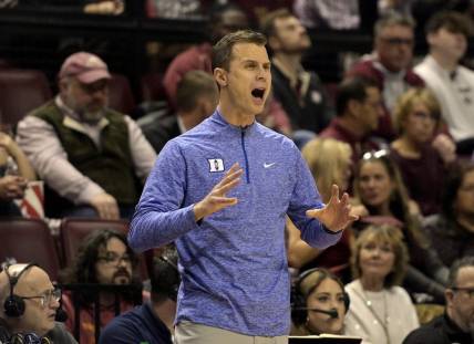 Feb 17, 2024; Tallahassee, Florida, USA; Duke Blue Devils head coach Jon Scheyer during the first half against the Florida State Seminoles at Donald L. Tucker Center. Mandatory Credit: Melina Myers-USA TODAY Sports