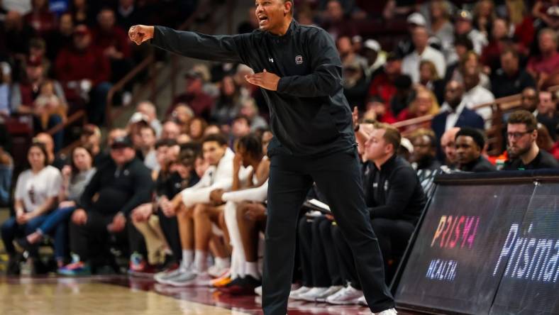 Feb 17, 2024; Columbia, South Carolina, USA; South Carolina Gamecocks head coach Lamont Paris directs his team against the LSU Tigers in the first half at Colonial Life Arena. Mandatory Credit: Jeff Blake-USA TODAY Sports