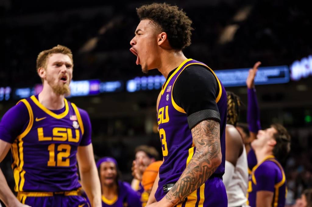 Feb 17, 2024; Columbia, South Carolina, USA; LSU Tigers forward Jalen Reed (13) celebrates a play against the South Carolina Gamecocks in the second half at Colonial Life Arena. Mandatory Credit: Jeff Blake-USA TODAY Sports