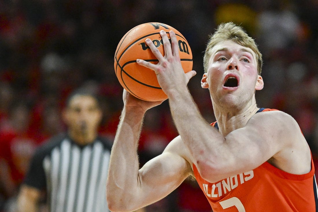 Feb 17, 2024; College Park, Maryland, USA;  Illinois Fighting Illini forward Marcus Domask (3) looks to shoot during the first half against the Maryland Terrapins at Xfinity Center. Mandatory Credit: Tommy Gilligan-USA TODAY Sports
